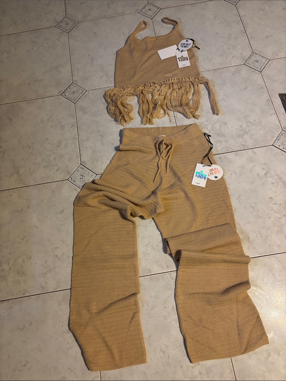 Fringe Crop Tank & Drawstring Waffle Pants Set - Tan